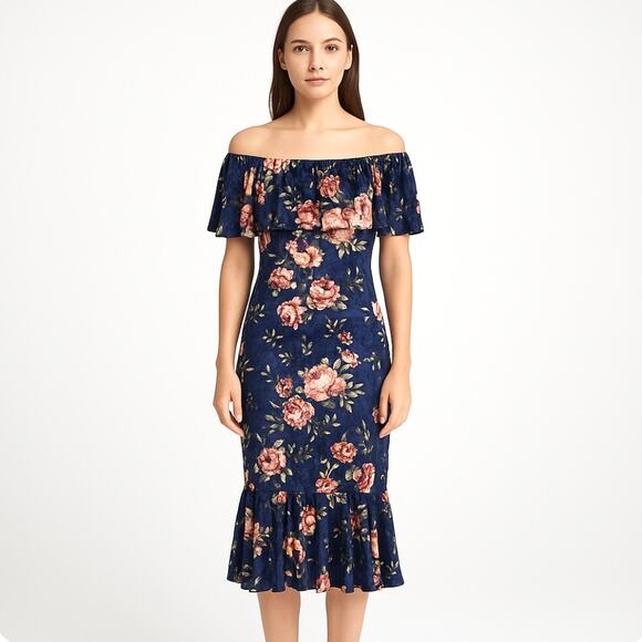 LuLaRoe Cici Crushed Velvet Midi Dress Sz M Navy Floral Off Shoulder Ruffle NWT - Picture 14 of 15